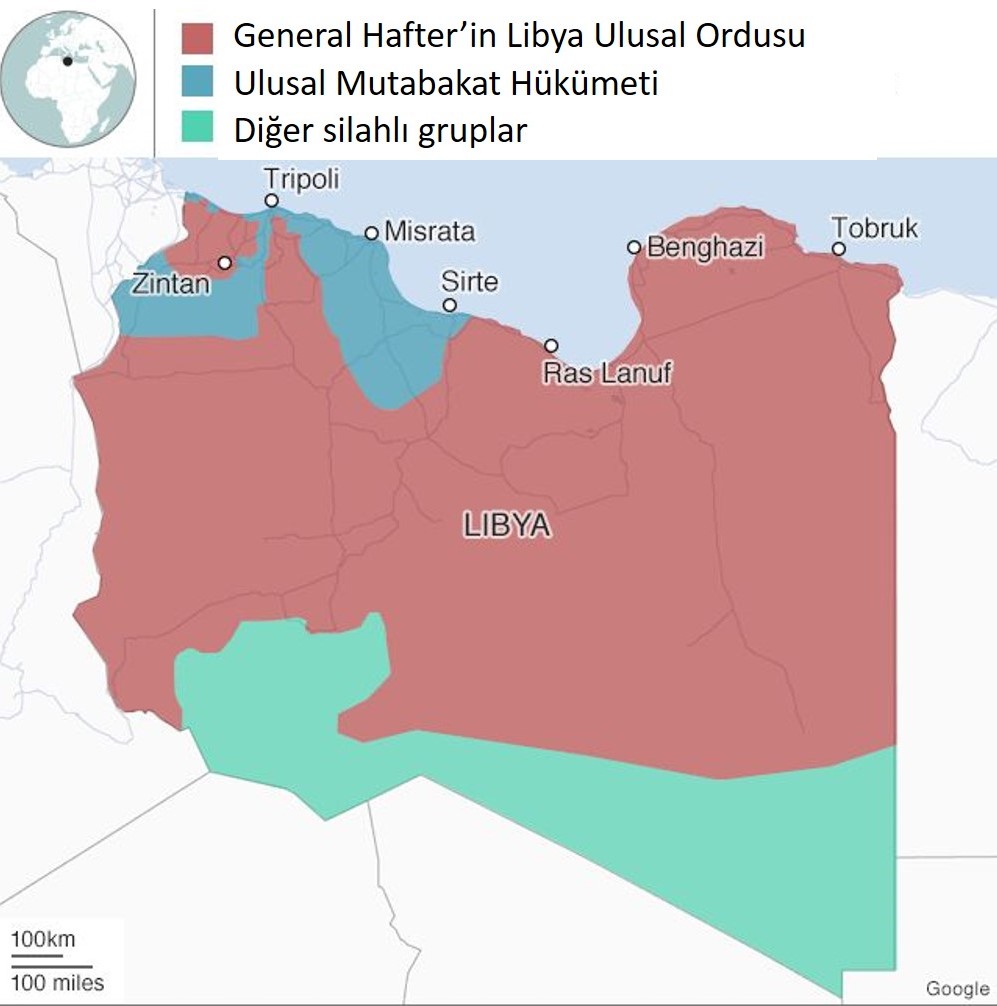 Libya'da Türkiye'nin anlaşma imzaladığı ve Başkent Trablus'ta bulunan Ulusal Mutabakat Hükümeti karşısında Hafter'e bağlı Libya Ulusal Ordusu ülkenin büyük bir bölümünü elinde tutuyor
